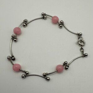 Curved Link Silver-Tone Bracelet with Sliding Pink Beads Retro